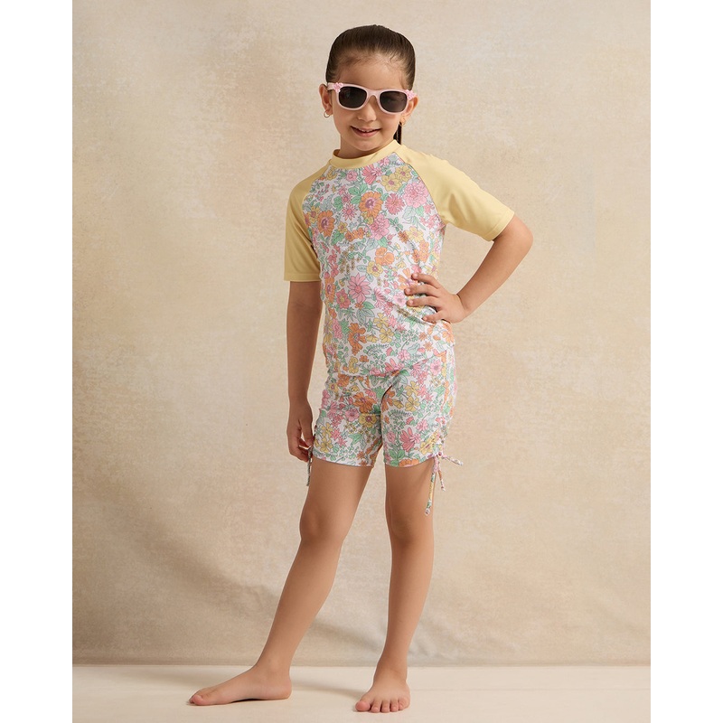 Girls Yellow Printed Swimsuit Set (2 Piece)
