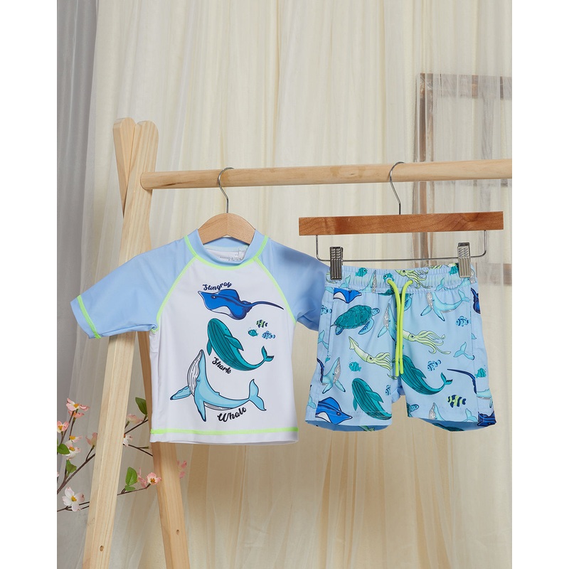 Infant Boys Blue Fish Print Swim Set (2 Piece)