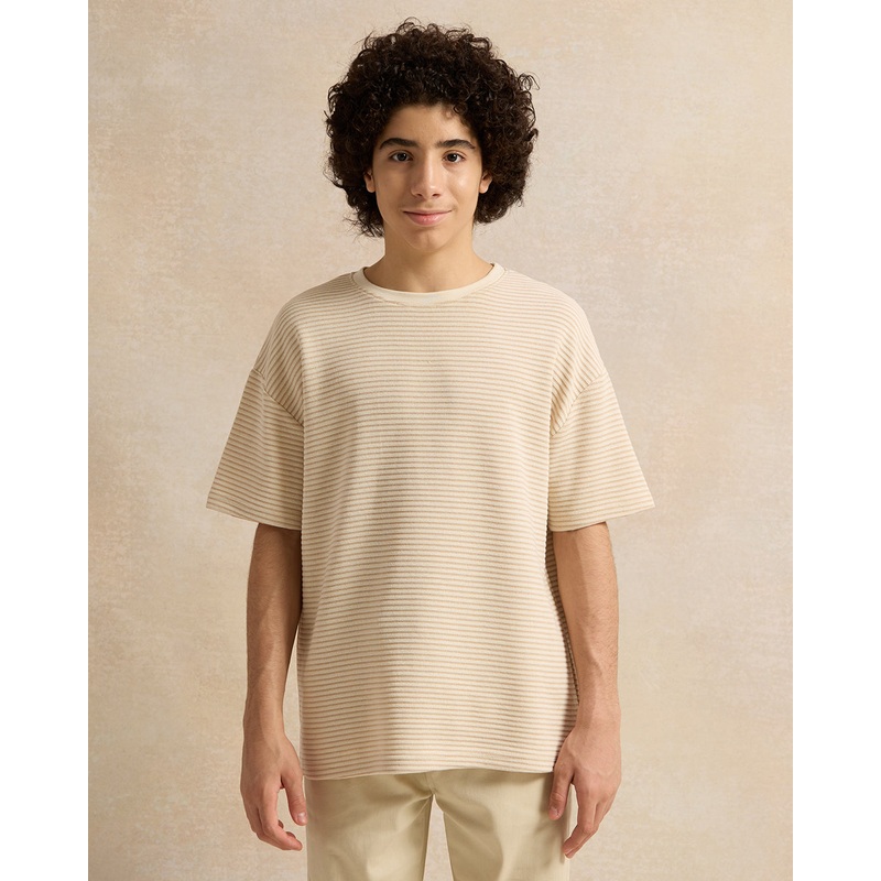 Senior Boys Beige Ottoman Jacquard Oversize T-Shirt