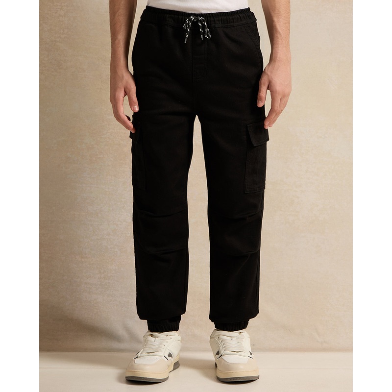 Senior Boys Black Solid Cargo Joggers