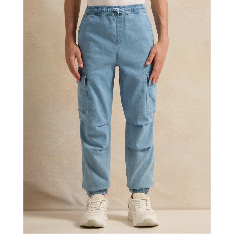 Senior Boys Blue Solid Cargo Joggers