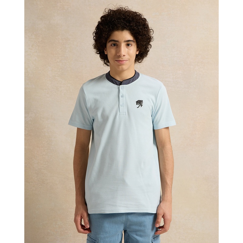 Senior Boys Blue Suede Mandarin Collar Polo Shirt