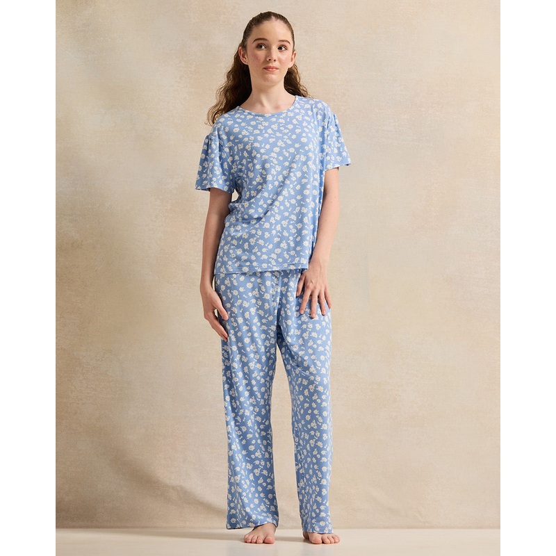 Senior Girls Blue And White Printed Pyjama Set (2 Piece)