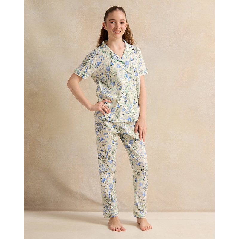 Senior Girls White And Blue Print Pyjama Set (2 Piece)
