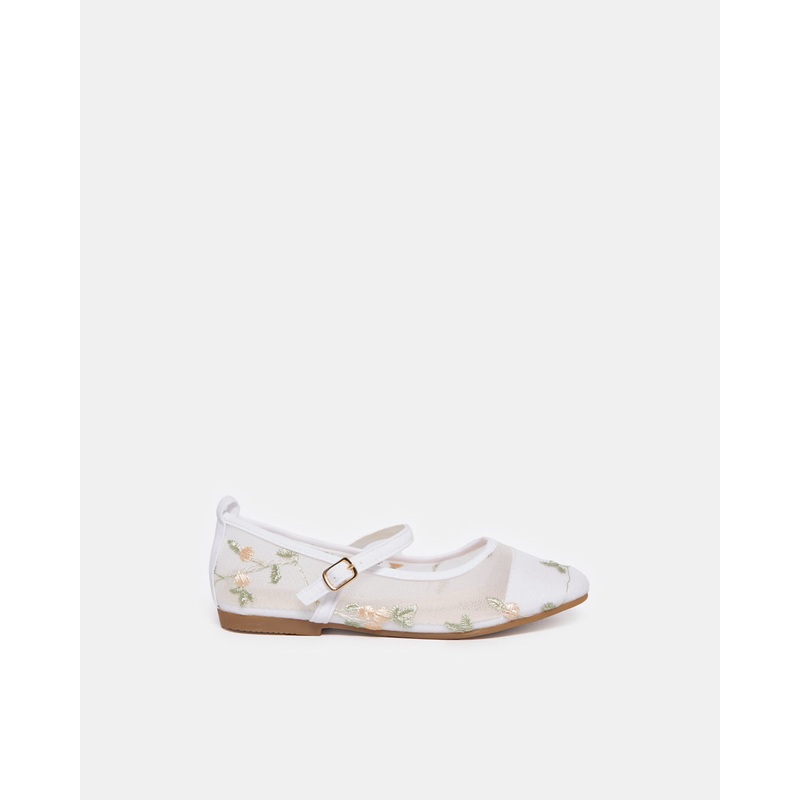 Senior girls White Floral Embroidered Ballerina