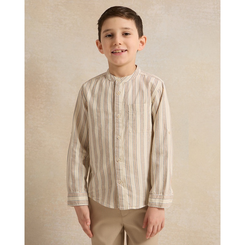 Boys Beige Stripe Linen Long Sleeve Mandarin Collar Shirt