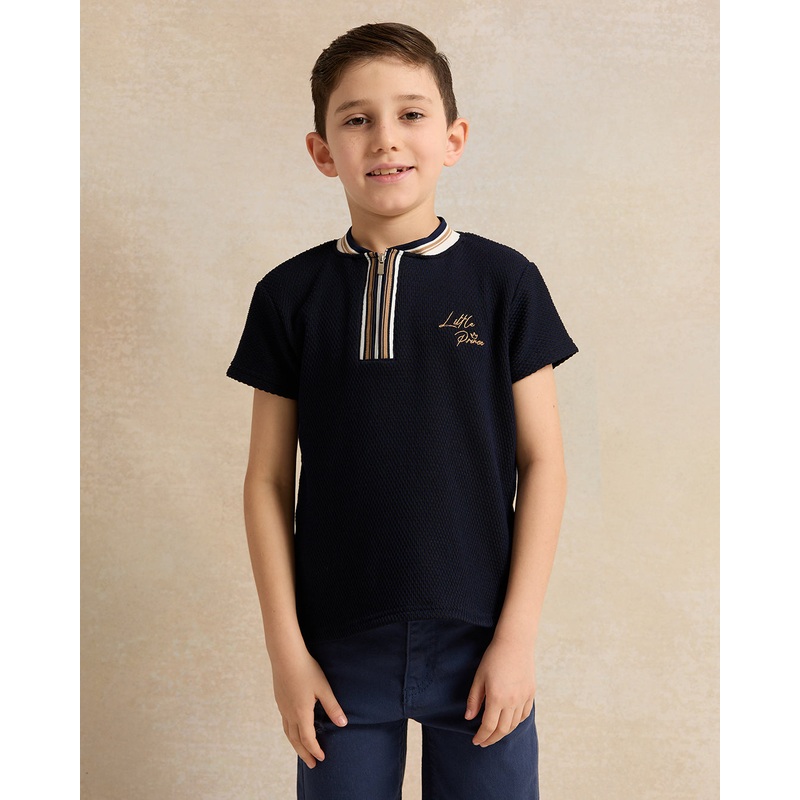 Boys Black Printed Polo T-shirt