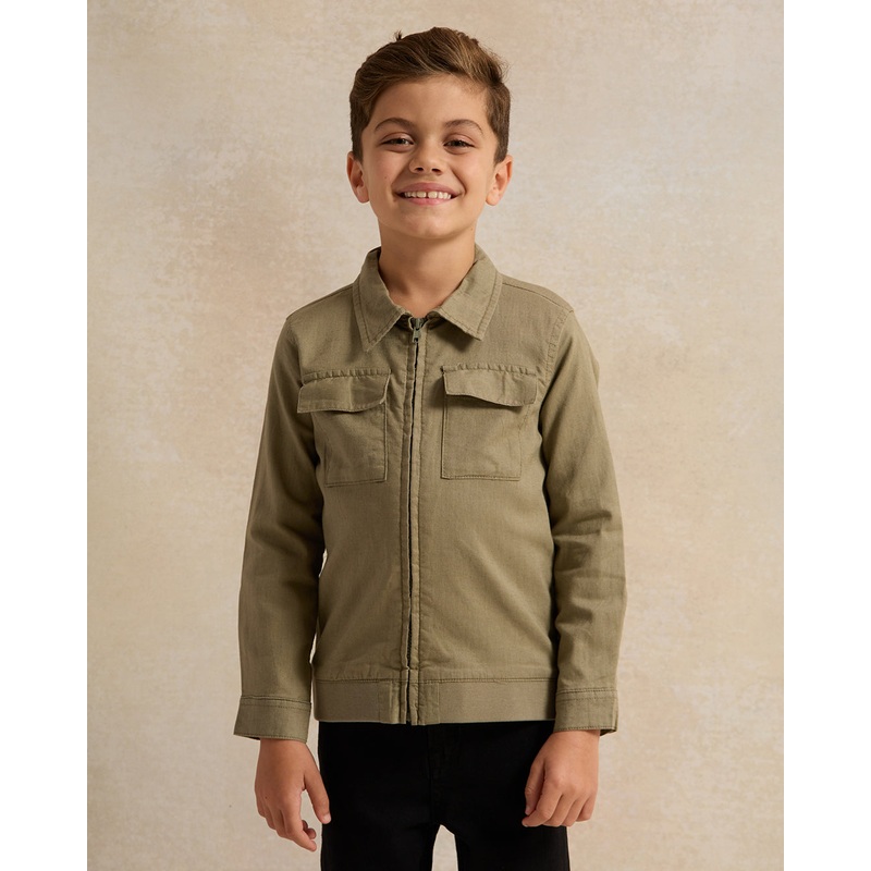 Boys Olive Coordinated Collared Linen Shirt