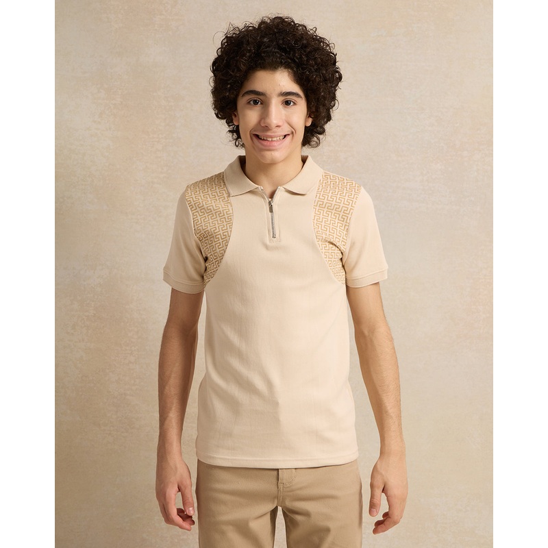 Senior Boys Beige Cut And Sew Polo T-Shirt