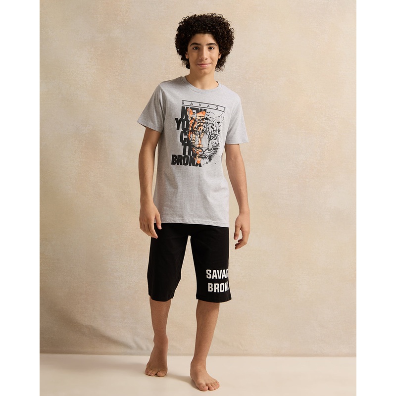 Senior Boys Grey And Black Night suit Set (2 Piece)