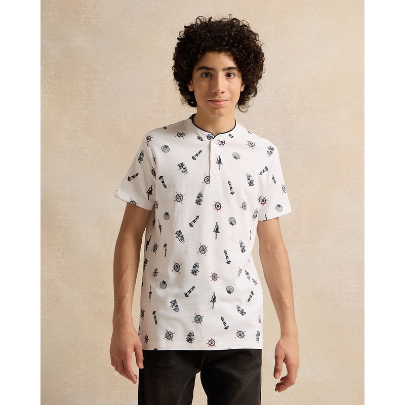 Senior Boys White Printed Mandarin Collar Polo Shirt