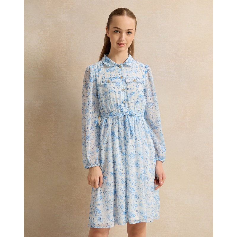 Senior Girls Blue Floral  Chiffon Dress