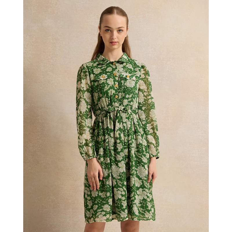 Senior Girls Green Floral Chiffon Dress