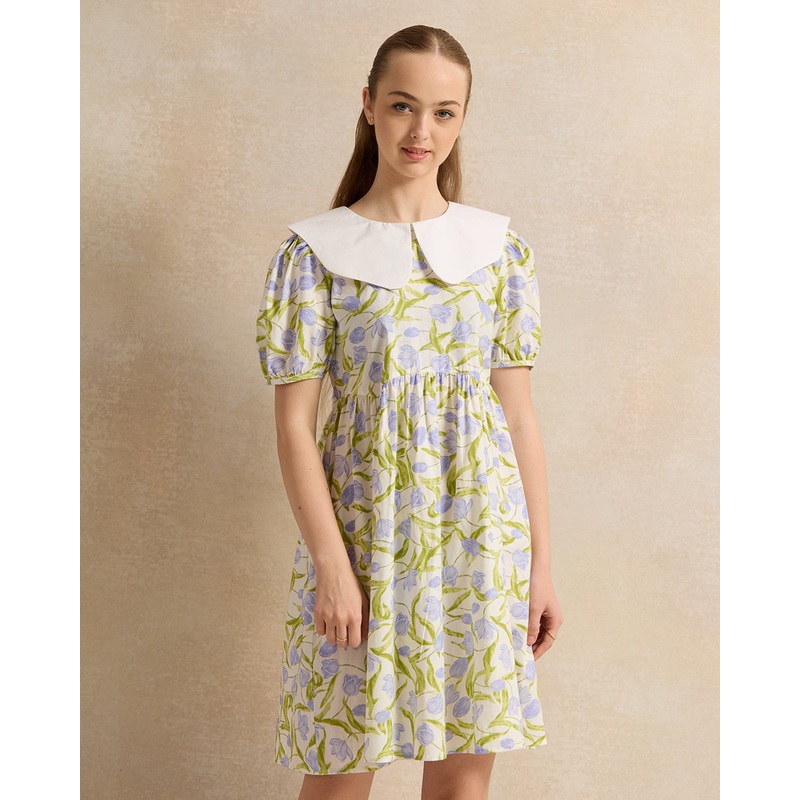 Senior Girls White And Lime Floral Peter pan Collar Dress