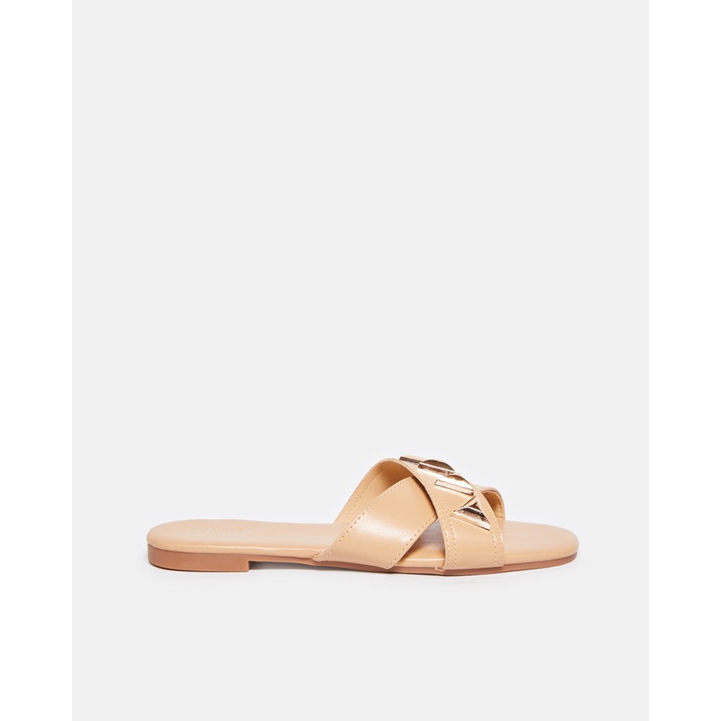 Women Beige Embellished Trim Mule