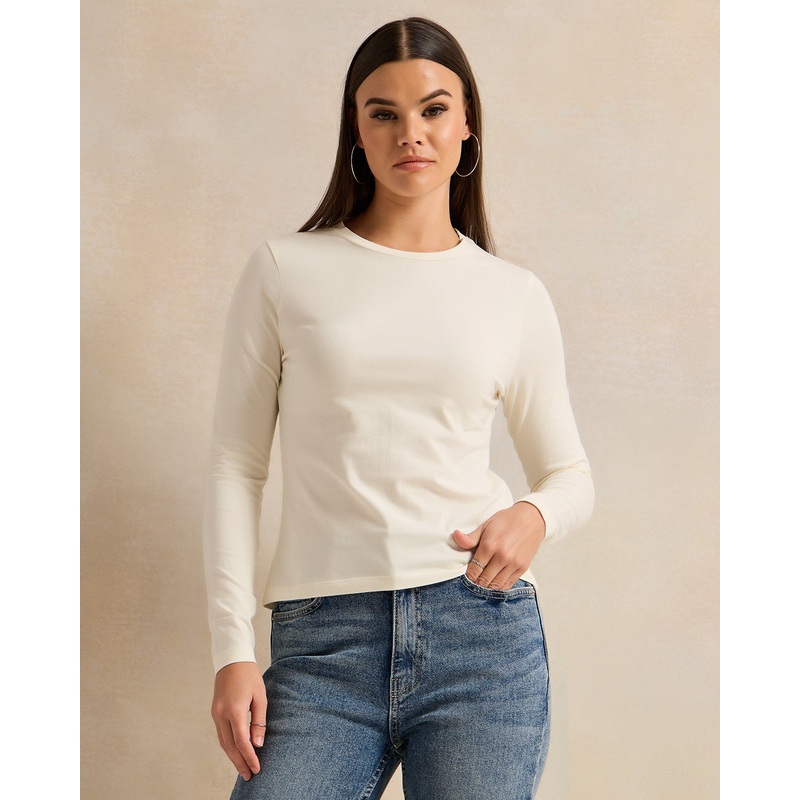 Women Beige Long Sleeve Crew Neck T-shirt
