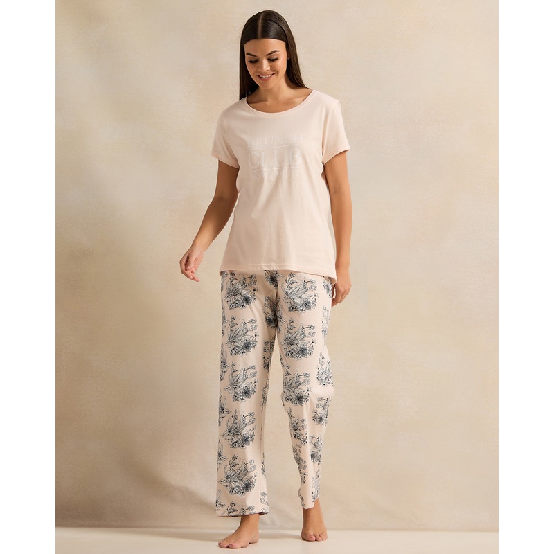 Women Beige Printed Pyjama Set (2 Piece)