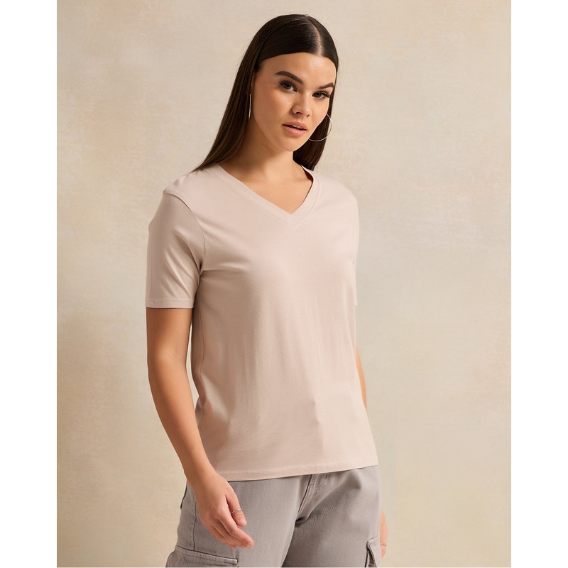 Women Beige Short Sleeve V Neck T-Shirt