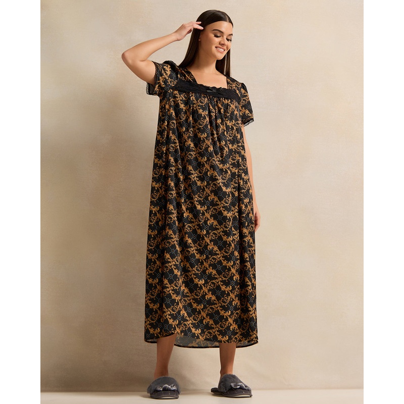 Women Black Printed Nightgown|UK10|UK12|UK14|UK16|UK18|UK20