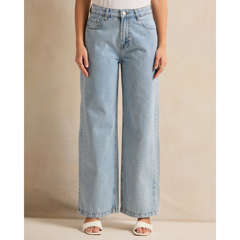 Women Blue Embellished Wide Leg Jeans