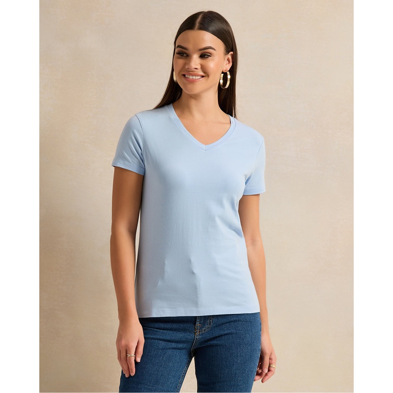 Women Blue Short Sleeve V Neck T-Shirt