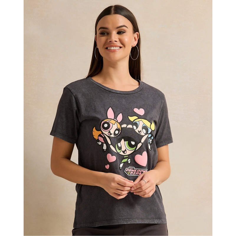 Women Charcoal Printed T-Shirt