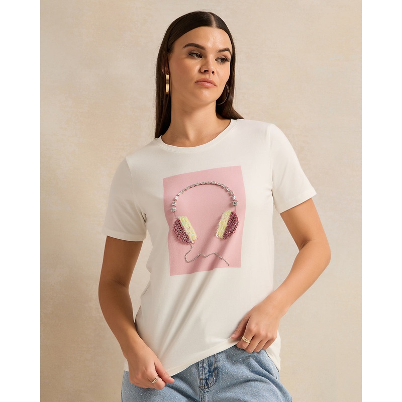 Women Ivory Embellished T-Shirt