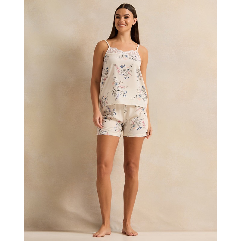 Women Ivory Floral Print Cami Set With Lace Set (2 Piece)