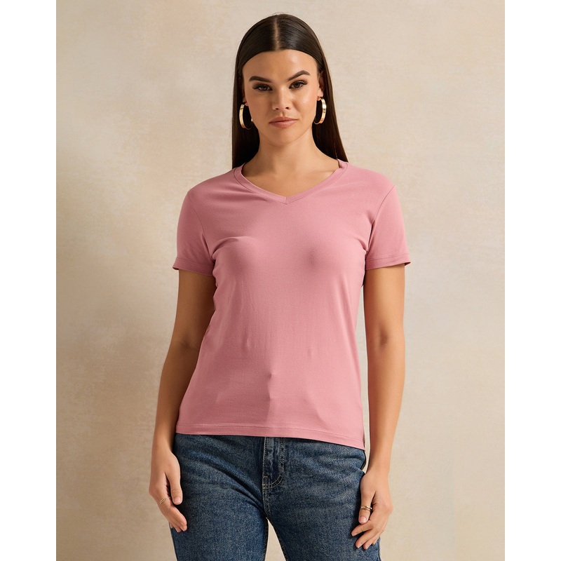 Women Pink Short Sleeve V Neck T-Shirt