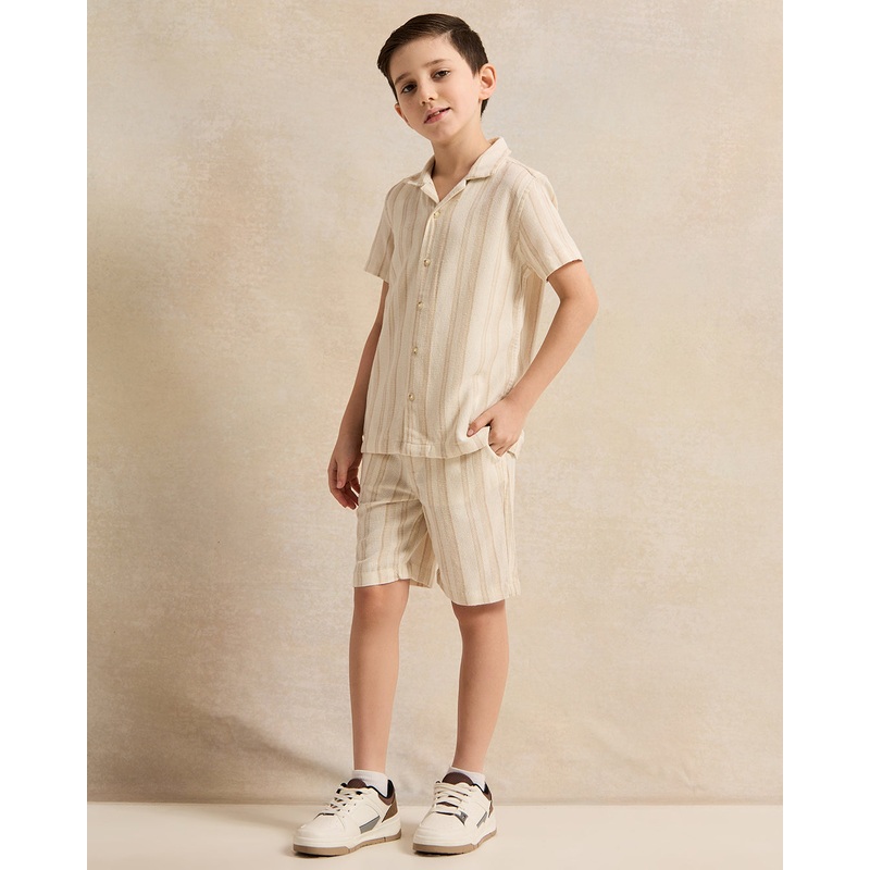 Boys Beige Striped Collared Set (2 Piece)