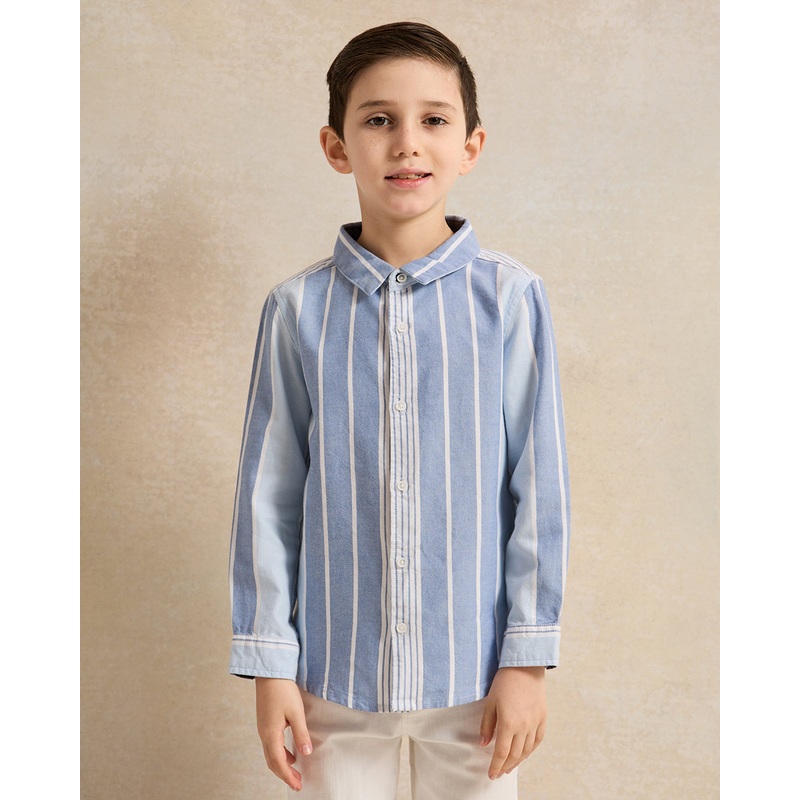 Boys Blue Striped Long Sleeved Oxford Shirt
