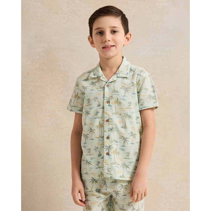 Boys Mint Palm Tree Print Short Sleeve Shirt