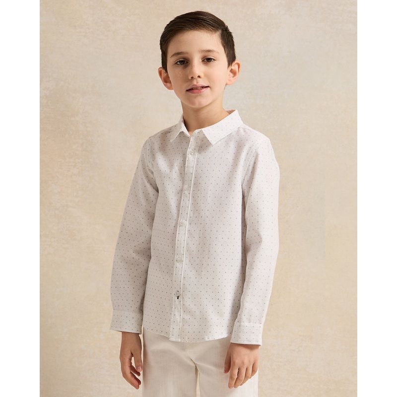 Boys White Long Sleeve Allover Print Oxford Shirt