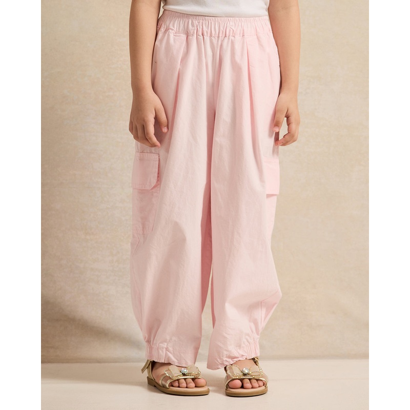 Girls Pink Plain Cargo Fit Trouser