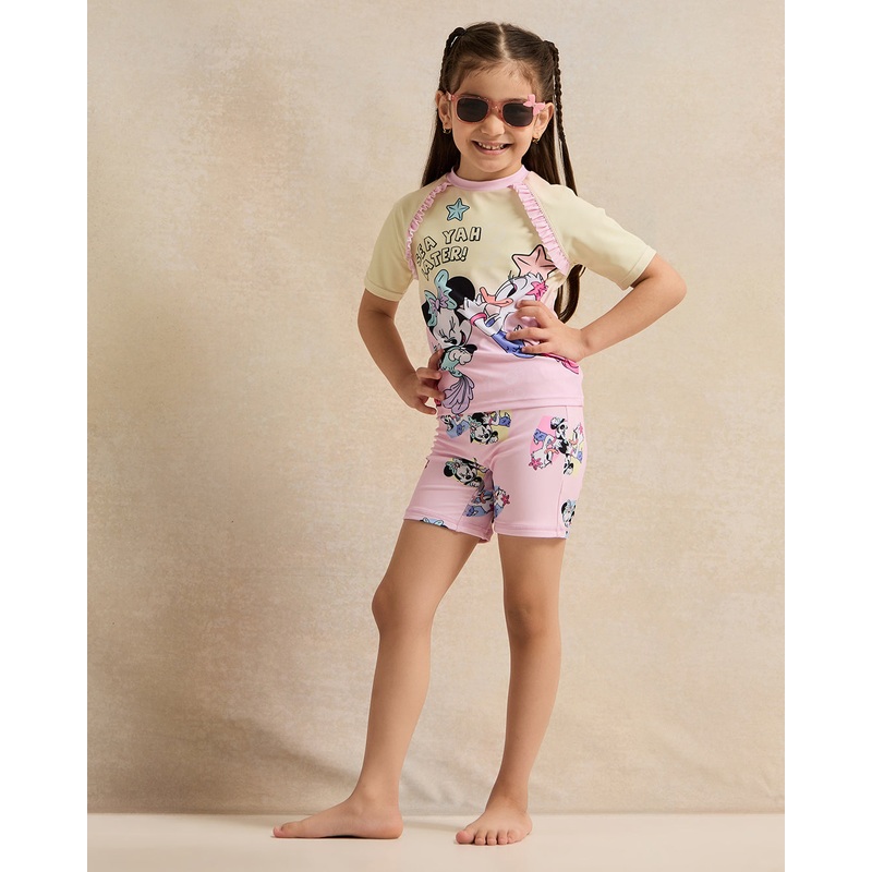 Girls Yellow And Pink Printed Swim Set (2 Piece)