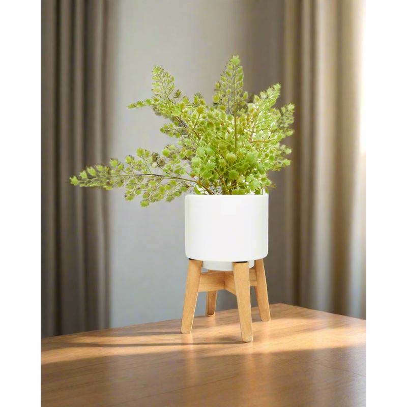 Green Artificial Fern With Planter And Wooden Rack