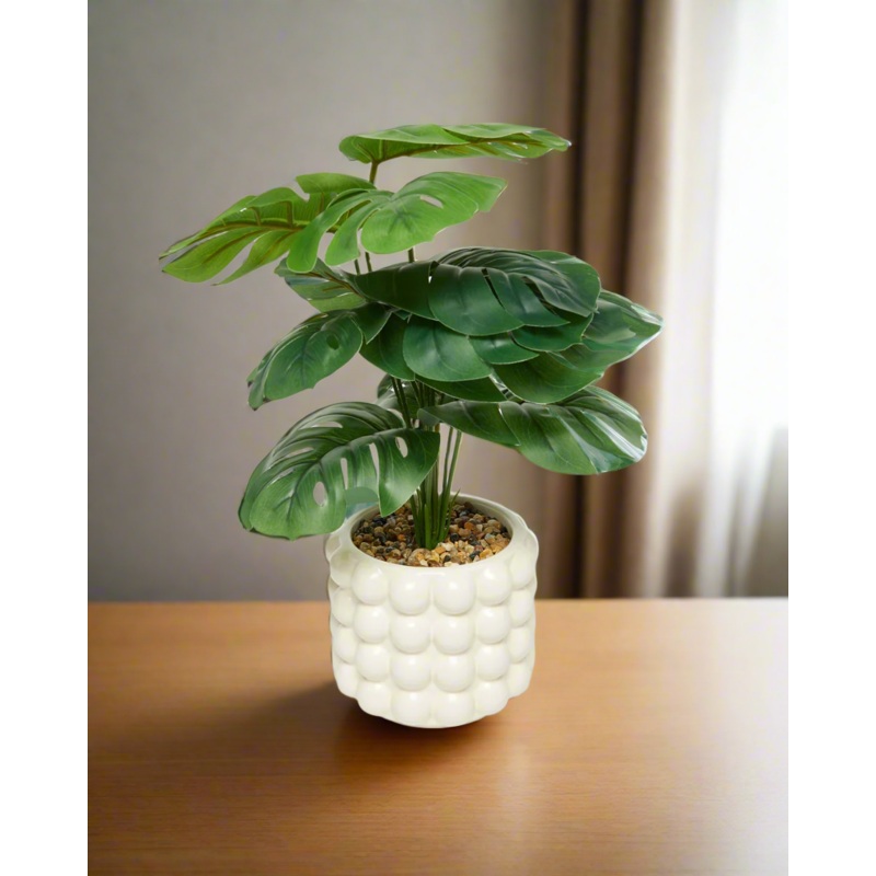 Green Artificial Monstera With Bubble In Ceramic Pot