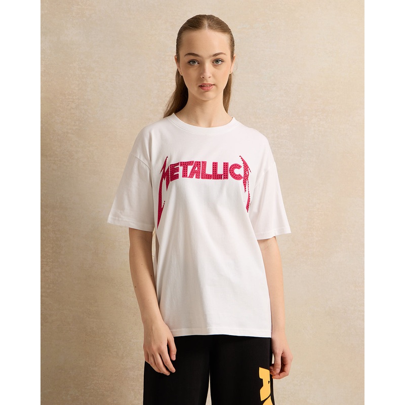 Senior Girls White Metallica Print T-Shirt
