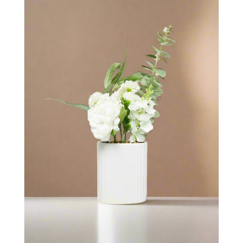 White Artificial Eucalyptus And  Wildflower With Vase