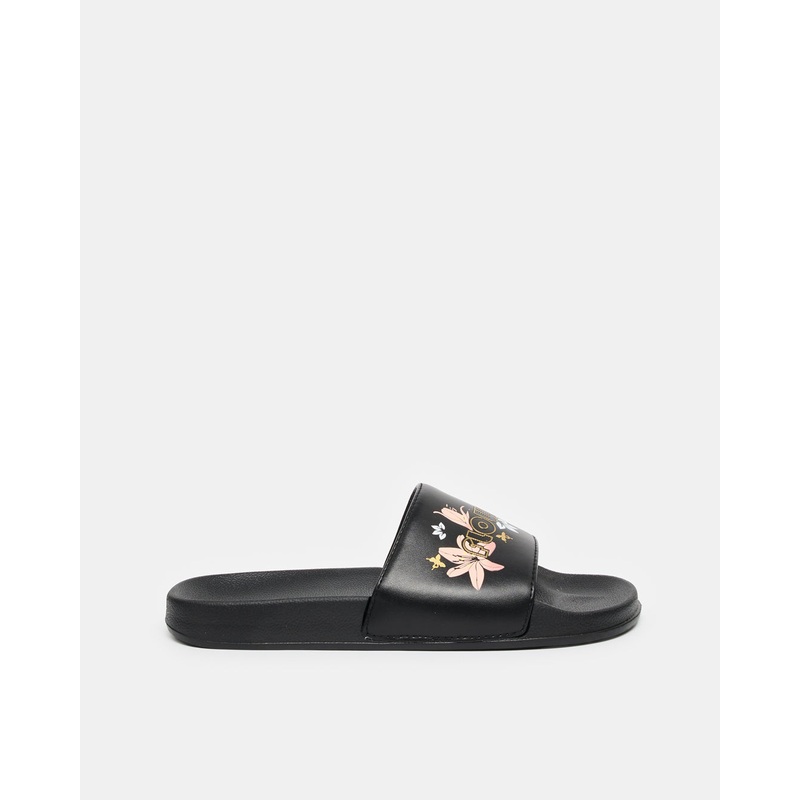 Women Black Slogan Embossed Slide
