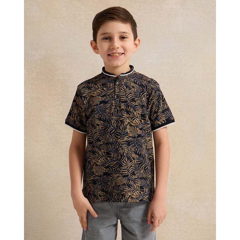 Boys Black Printed Mandarin Collar T-Shirt