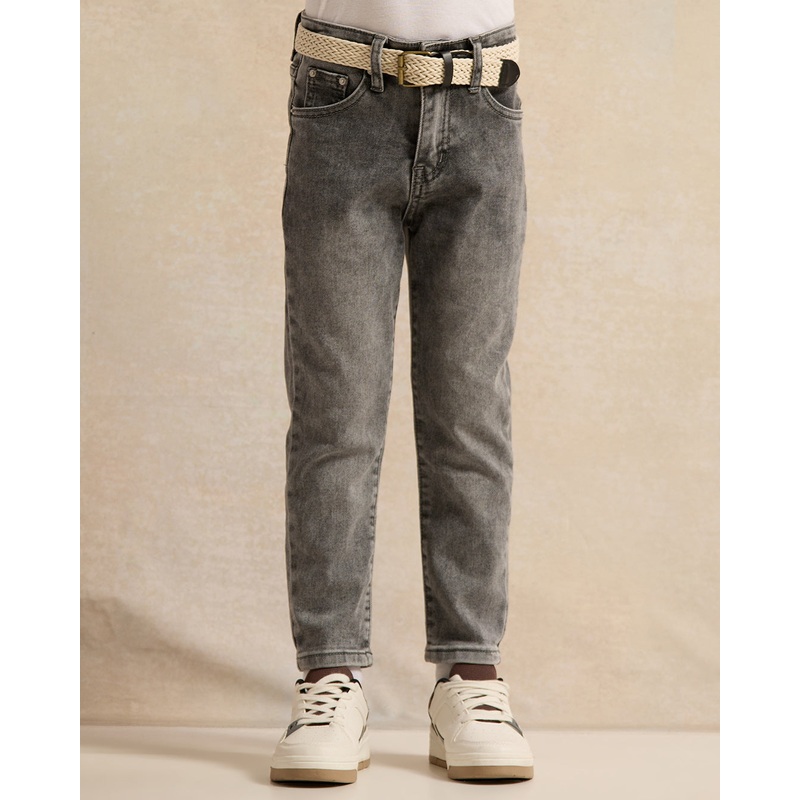 Boys Grey Belted 5 Pocket Western Jeans