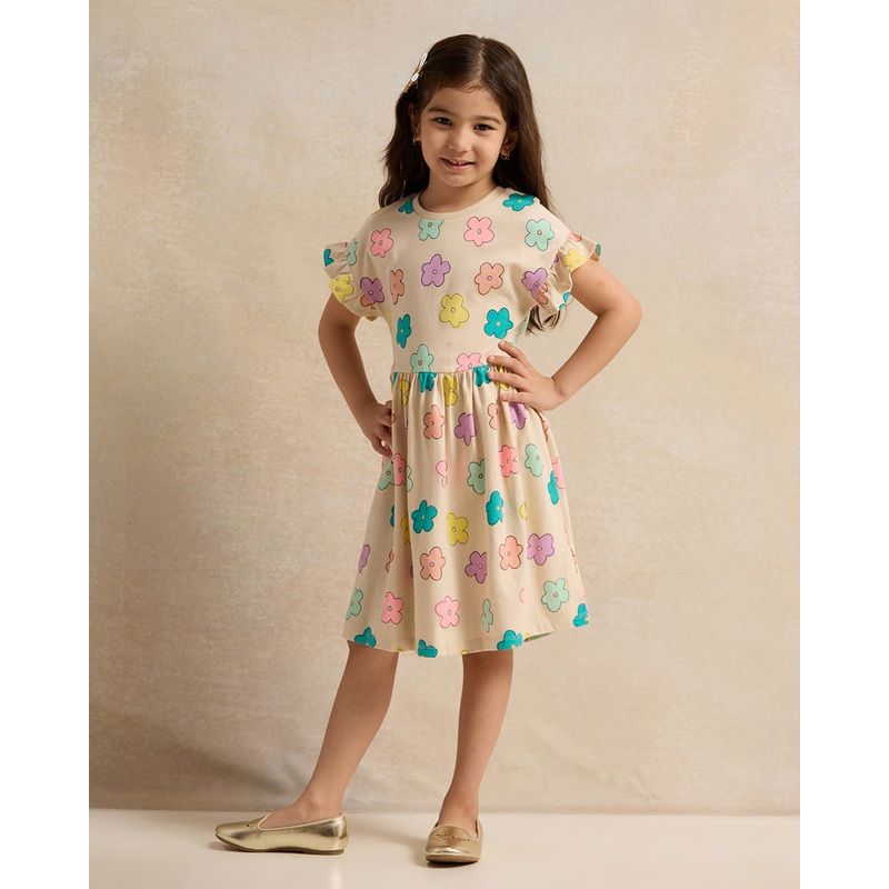 Girls Beige Printed Dress|2-3 Years|3-4 Years|4-5 Years|5-6 Years|6-7 Years|7-8 Years