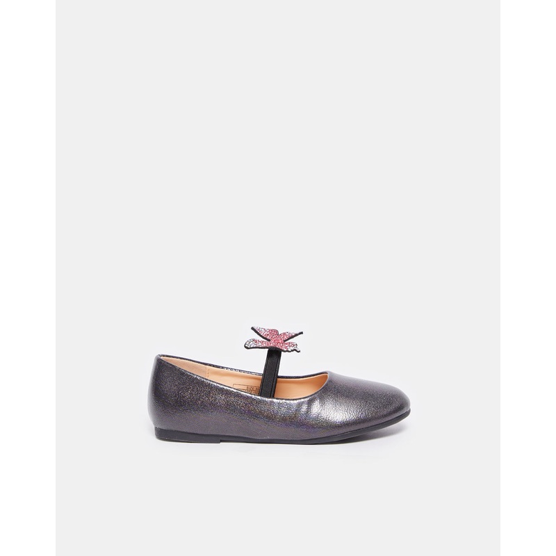 Girls Black Butterfly Strap Ballerina