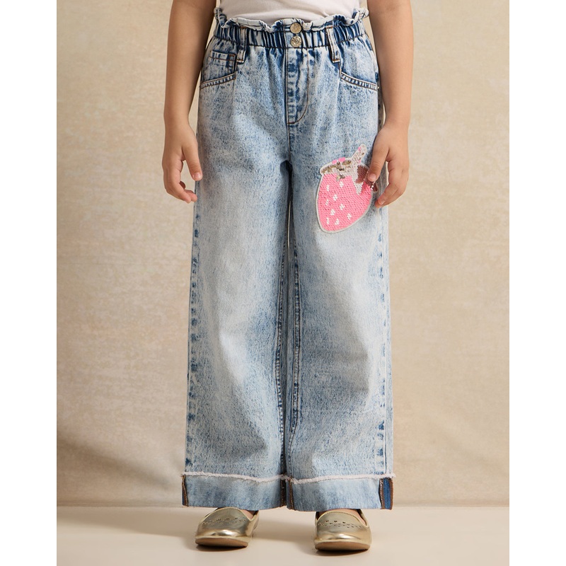 Girls Blue Embellished Wide Leg Jeans
