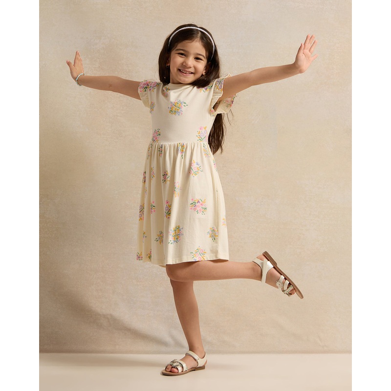 Girls Cream Printed Dress|2-3 Years|3-4 Years|4-5 Years|5-6 Years|6-7 Years|7-8 Years