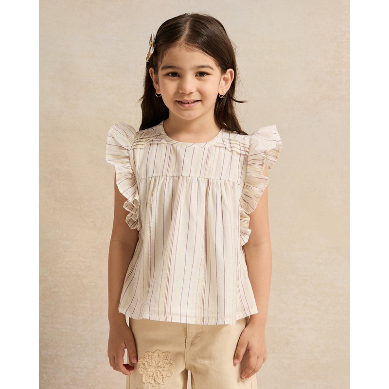 Girls Ivory  Stripes Frill Sleeve Blouse