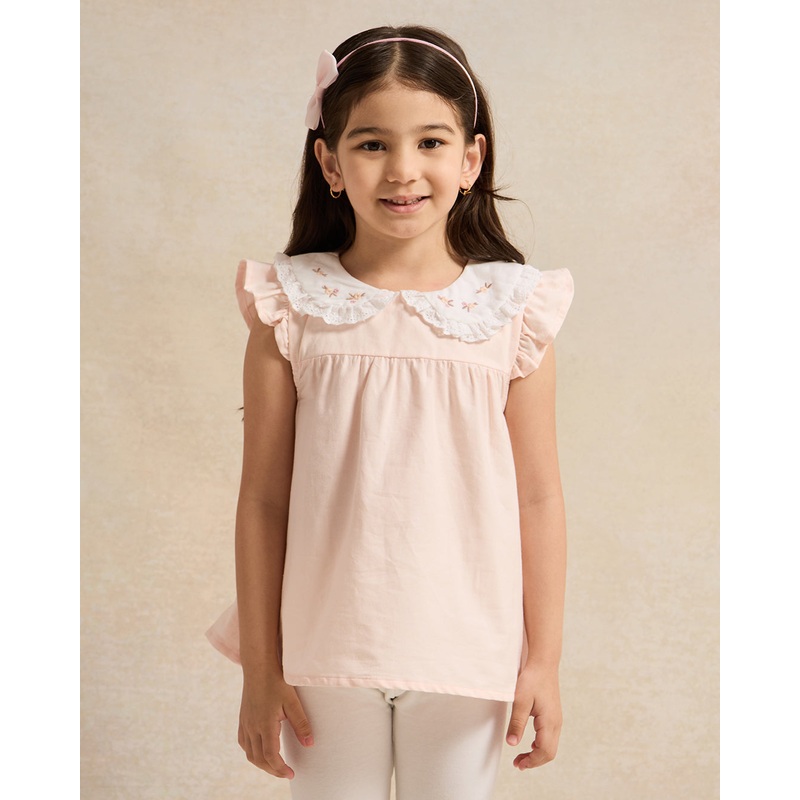 Girls Pink Embroidered Peter pan Collar Blouse