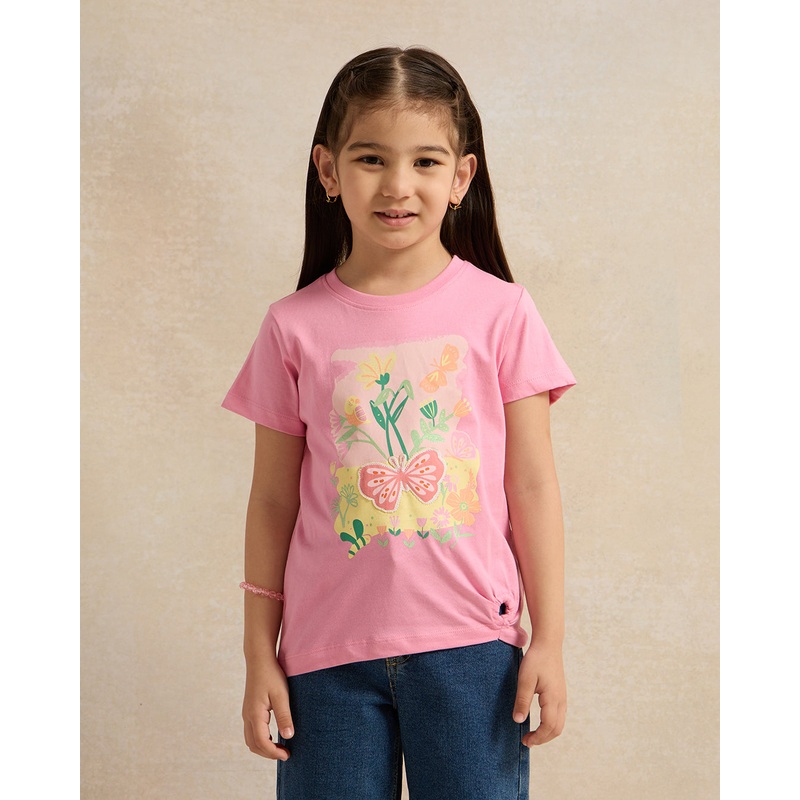 Girls Pink Placement Print T-Shirt