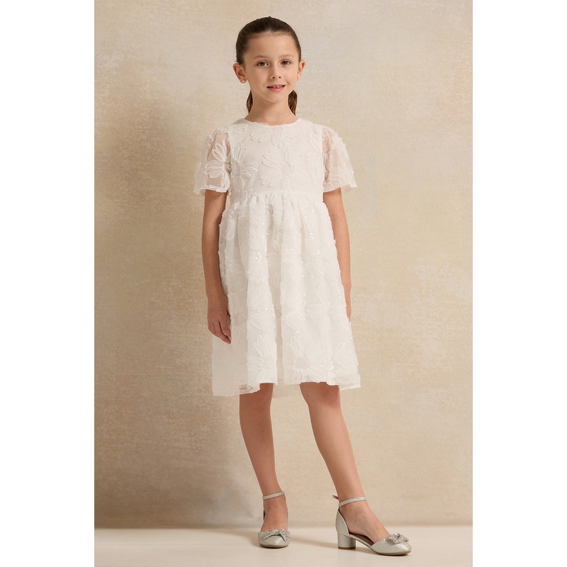 Girls White 3D Floral Embroidered Dress